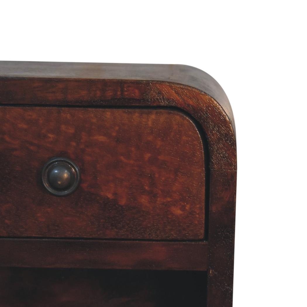 Extra Mini Curved Bedside Table | Chestnut Finish | Open Slot