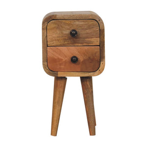 Extra Mini Curved Bedside Table | Solid Mango Wood | Oak Finish | 2 Drawer Compact Nightstand