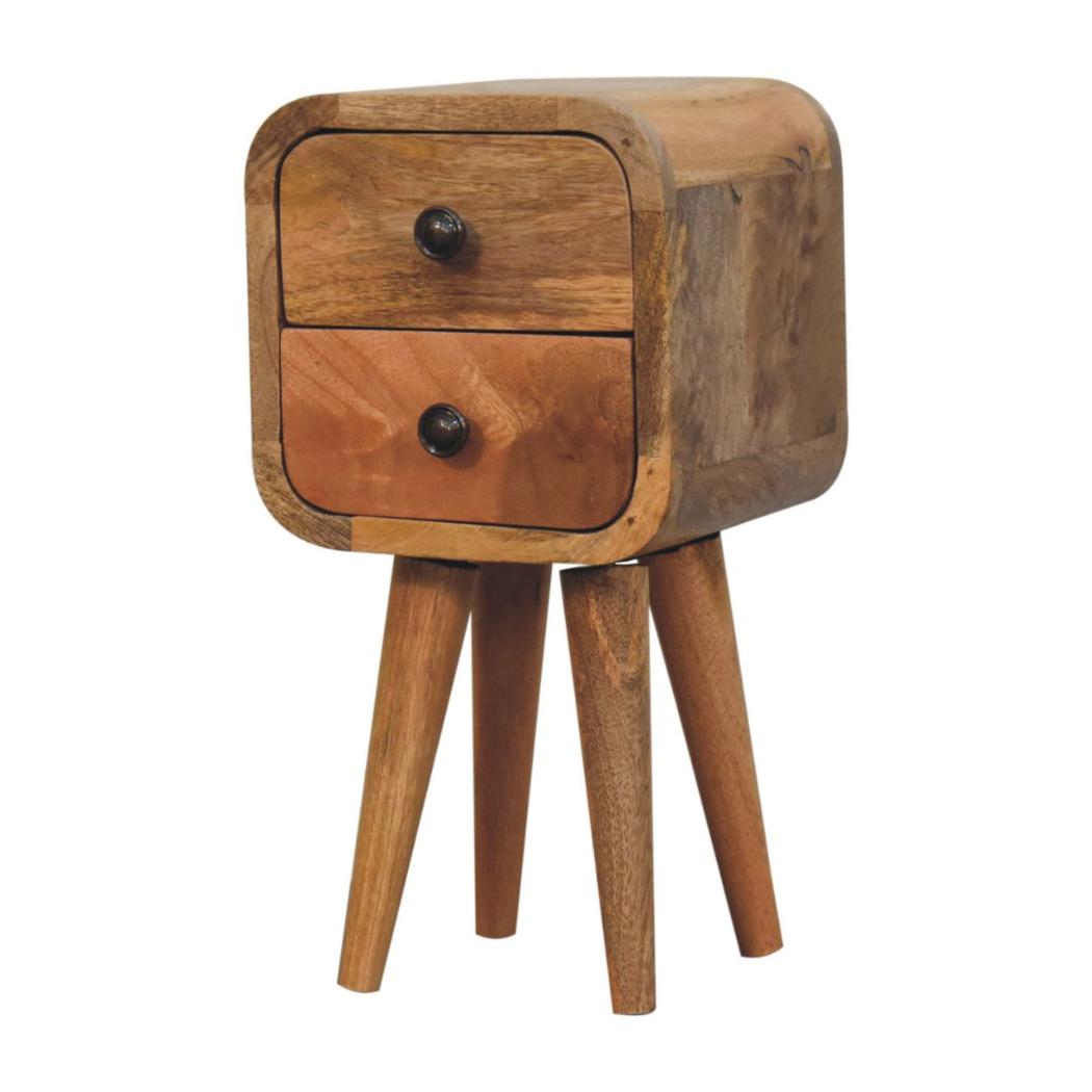 Extra Mini Curved Bedside Table | Solid Mango Wood | Oak Finish | 2 Drawer Compact Nightstand