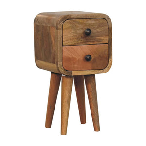 Extra Mini Curved Bedside Table | Solid Mango Wood | Oak Finish | 2 Drawer Compact Nightstand