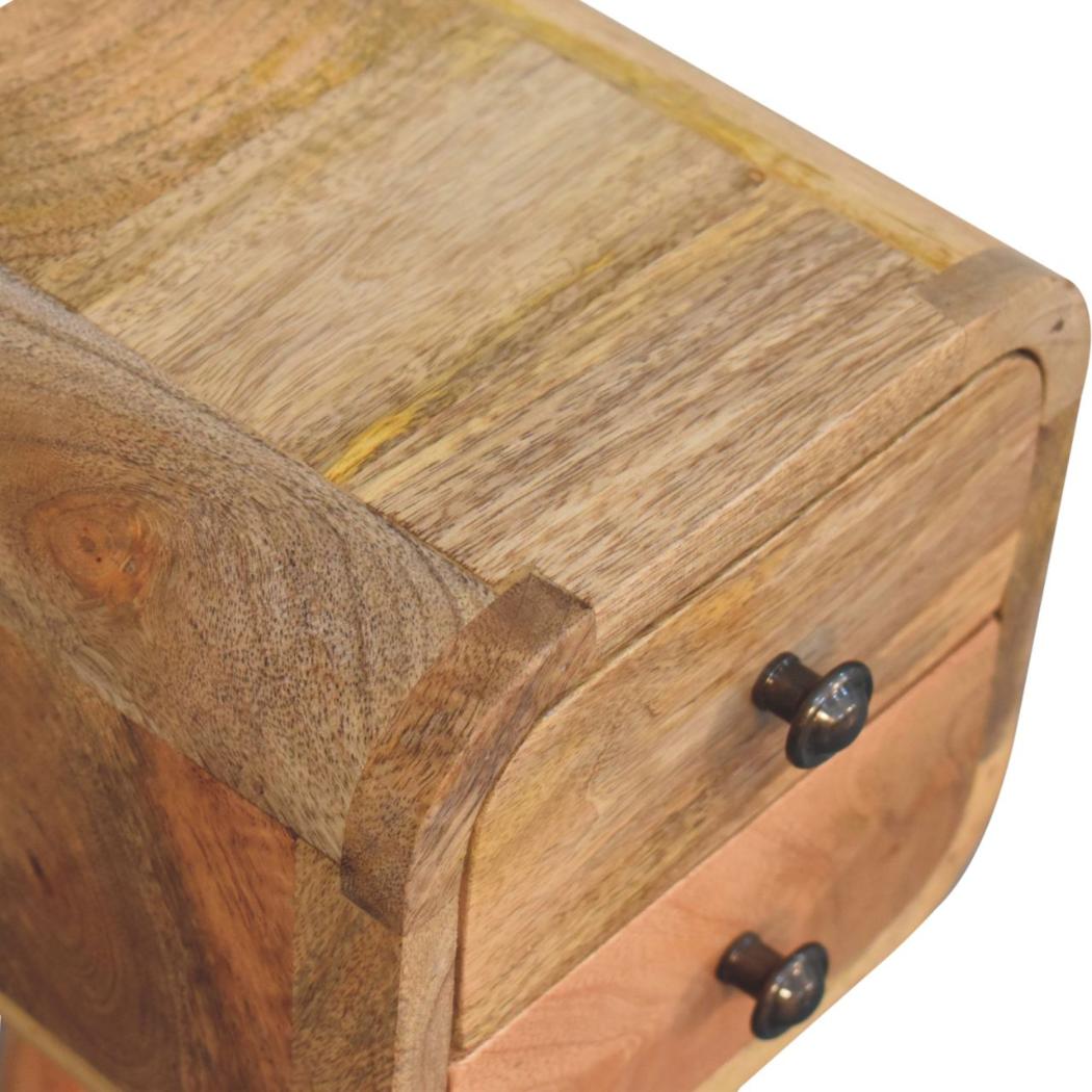 Extra Mini Curved Bedside Table | Solid Mango Wood | Oak Finish | 2 Drawer Compact Nightstand