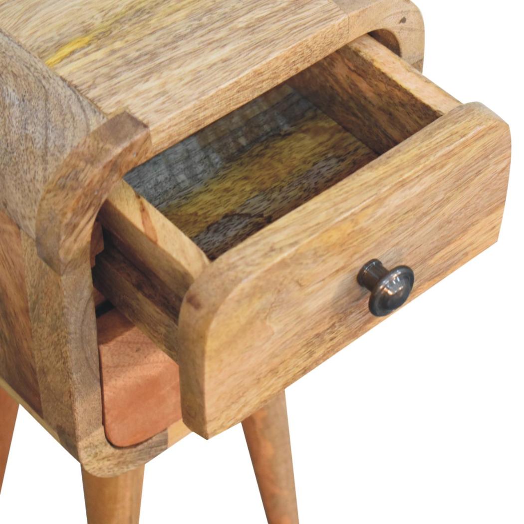 Extra Mini Curved Bedside Table | Solid Mango Wood | Oak Finish | 2 Drawer Compact Nightstand