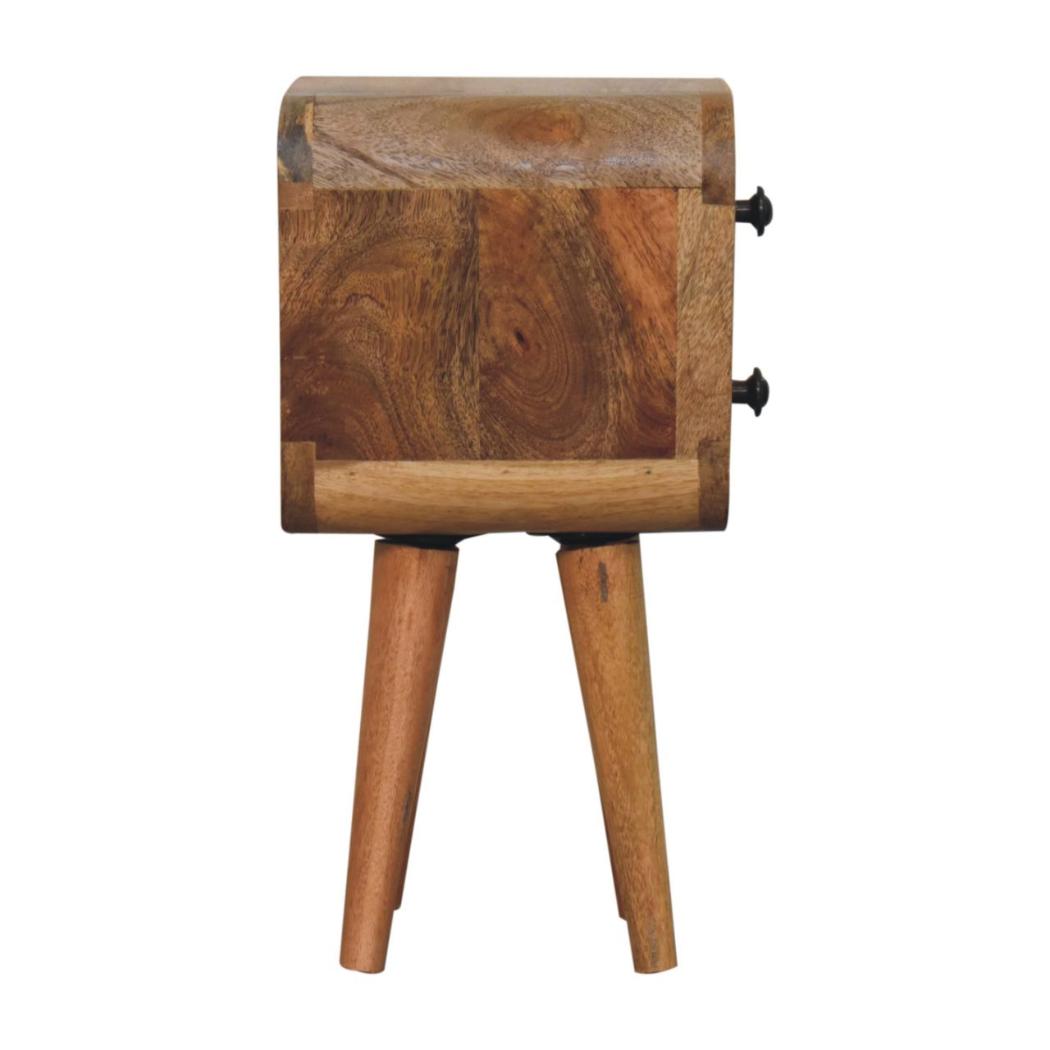 Extra Mini Curved Bedside Table | Solid Mango Wood | Oak Finish | 2 Drawer Compact Nightstand