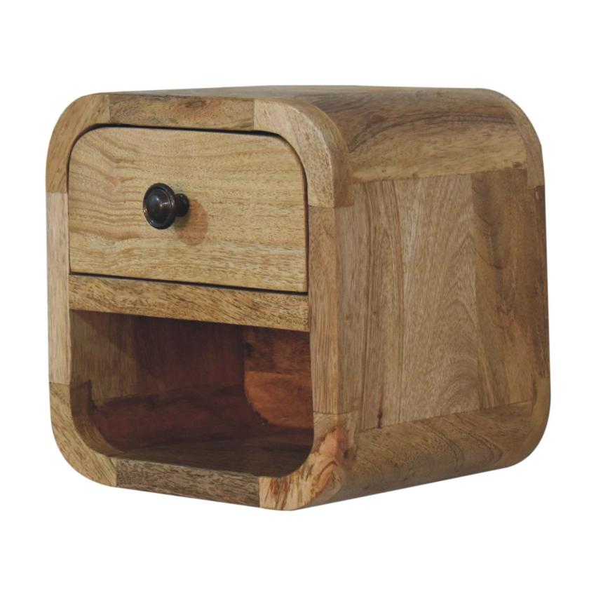 Extra Mini Curved Oak-Inspired Bedside | Solid Mango Wood | Open Slot