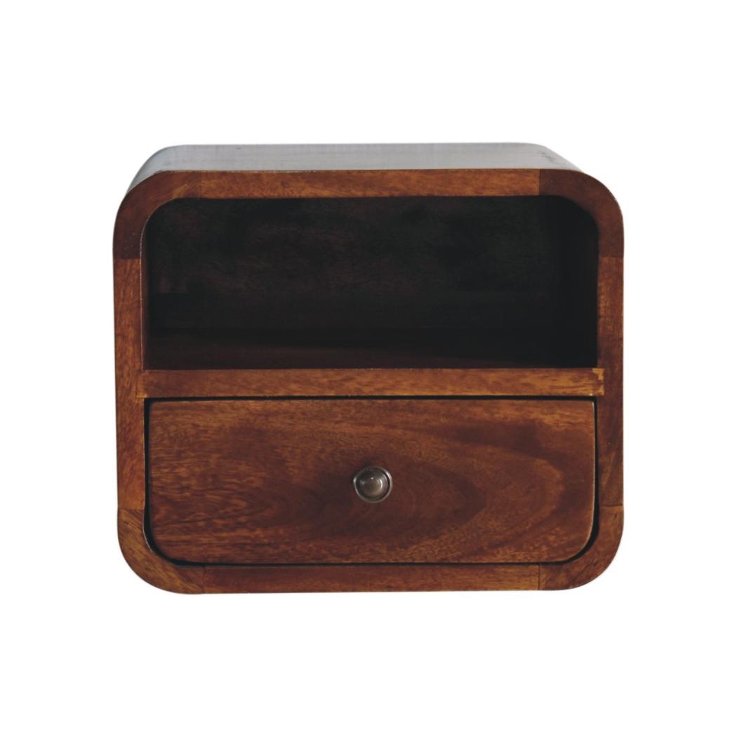 Extra Mini Curved Wall-Mounted Bedside Table | Chestnut Finish | Open Slot