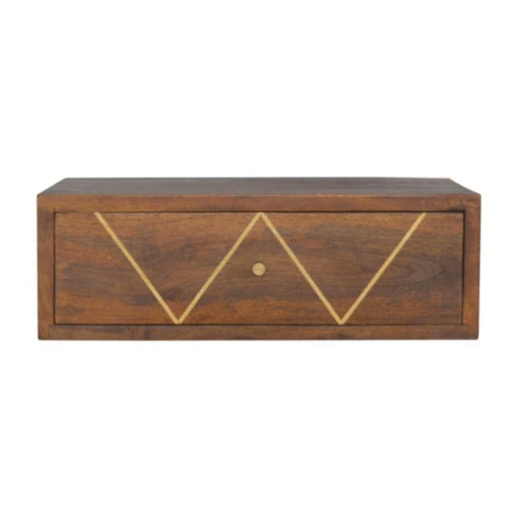 Floating Brass Bedside Table | Solid Mango Wood | Chestnut Finish | Wall-Mounted Storage