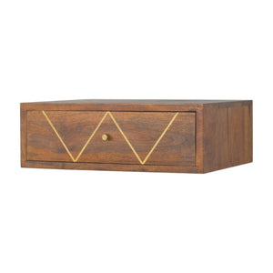 Floating Brass Bedside Table | Solid Mango Wood | Chestnut Finish | Wall-Mounted Storage