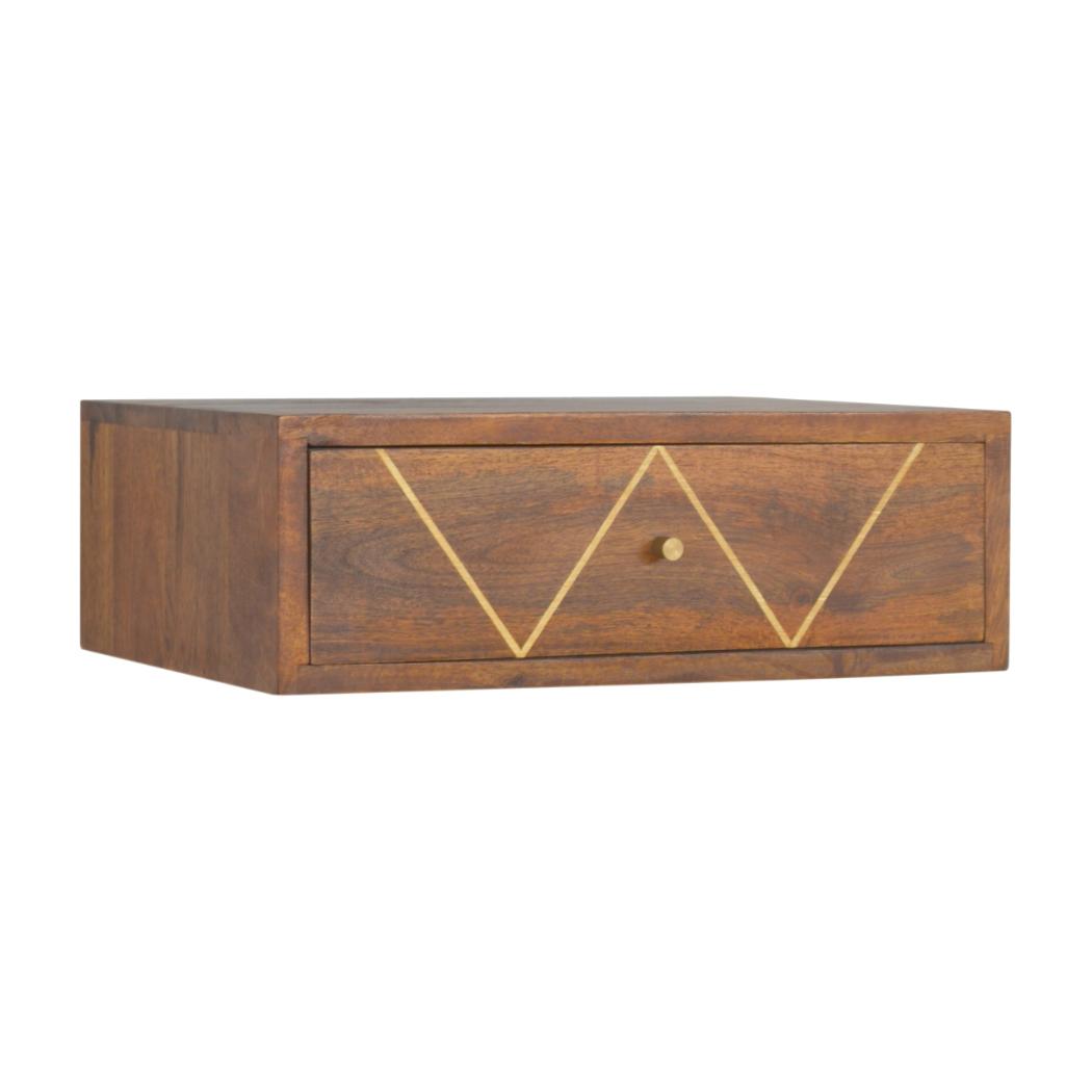 Floating Brass Bedside Table | Solid Mango Wood | Chestnut Finish | Wall-Mounted Storage