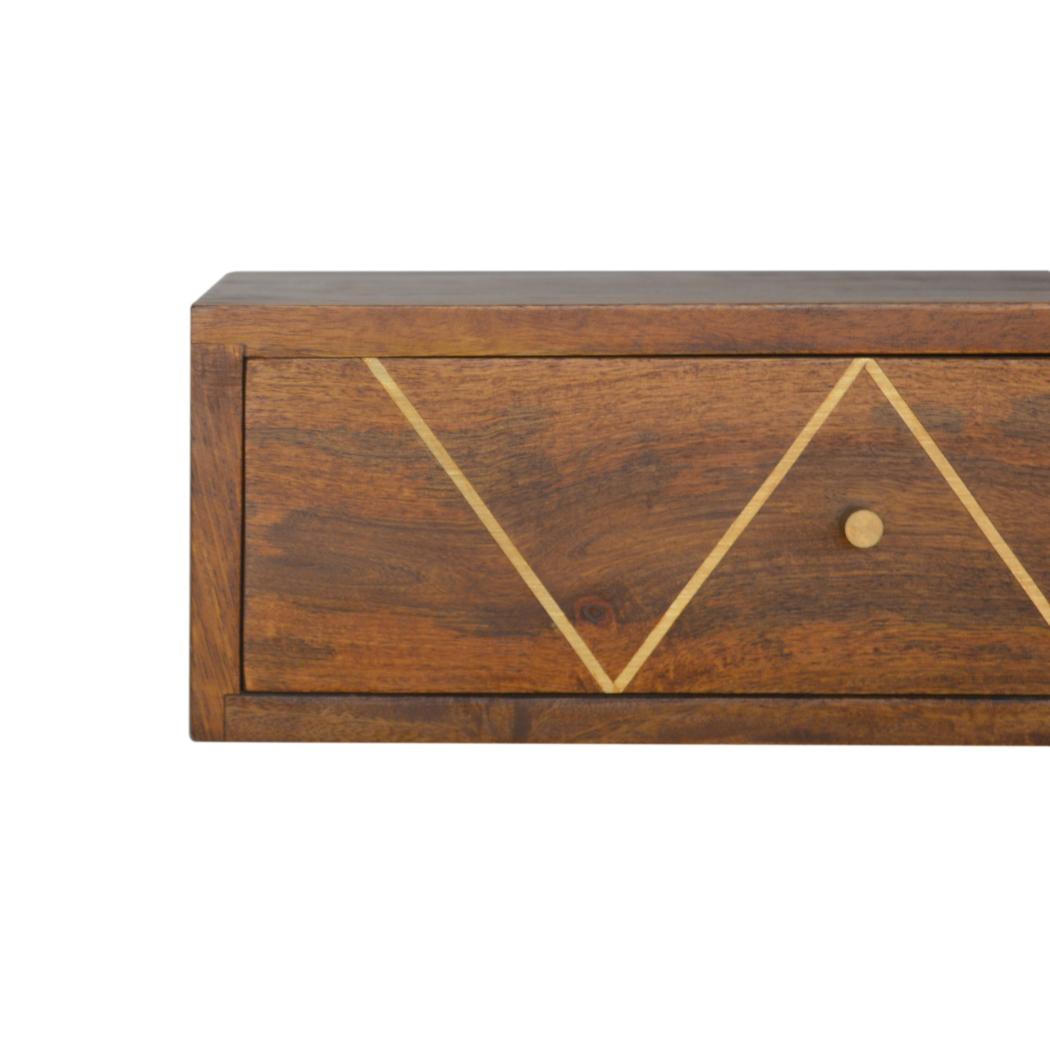 Floating Brass Bedside Table | Solid Mango Wood | Chestnut Finish | Wall-Mounted Storage
