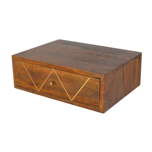 Floating Brass Bedside Table | Solid Mango Wood | Chestnut Finish | Wall-Mounted Storage