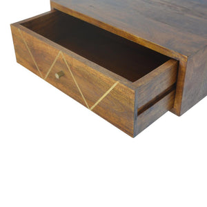 Floating Brass Bedside Table | Solid Mango Wood | Chestnut Finish | Wall-Mounted Storage