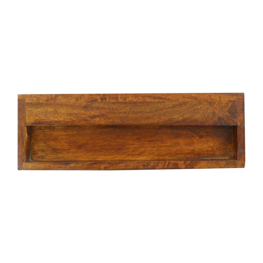 Floating Brass Bedside Table | Solid Mango Wood | Chestnut Finish | Wall-Mounted Storage