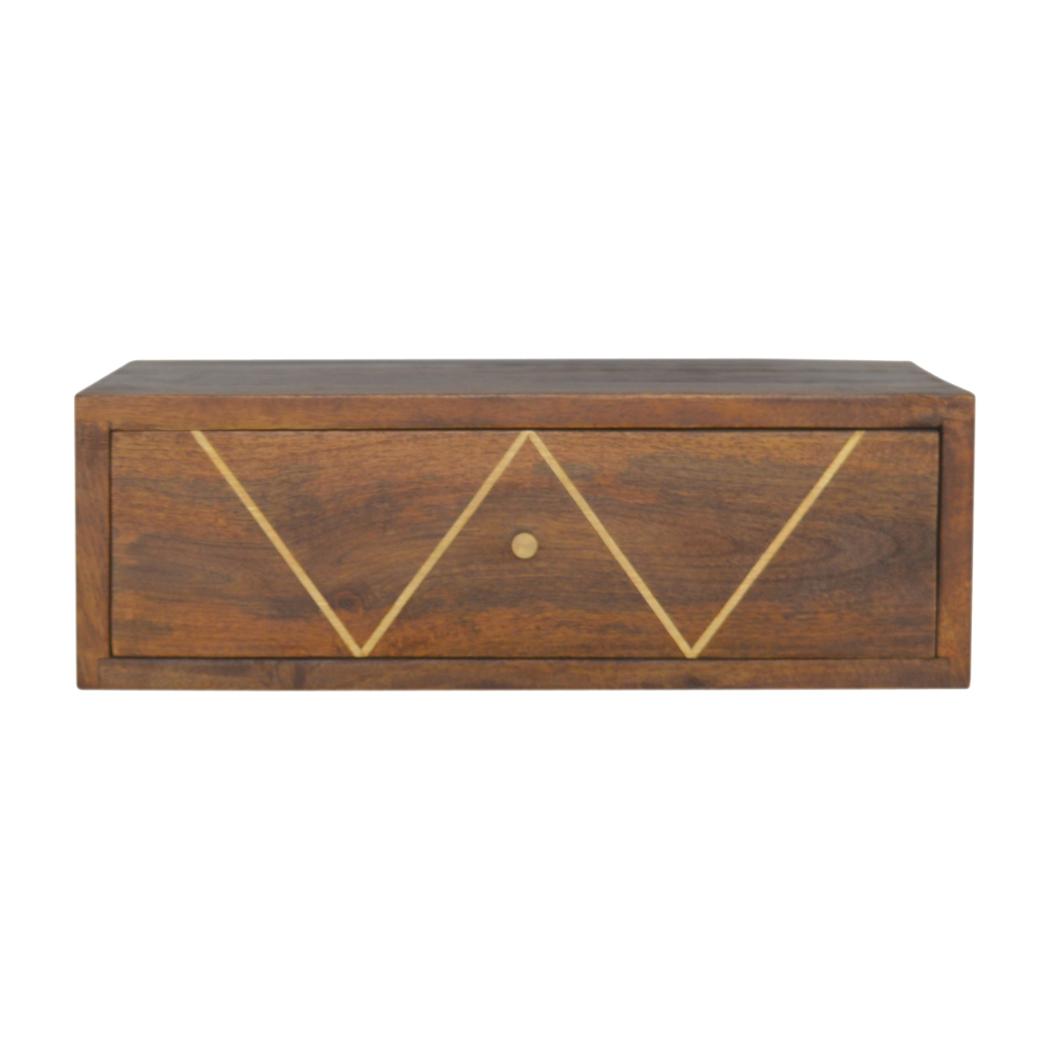 Floating Brass Bedside Table | Solid Mango Wood | Chestnut Finish | Wall-Mounted Storage