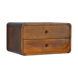 Floating Curved Bedside Table | Solid Mango Wood | Chestnut Finish | 2 Drawers