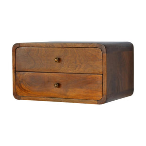 Floating Curved Bedside Table | Solid Mango Wood | Chestnut Finish | 2 Drawers