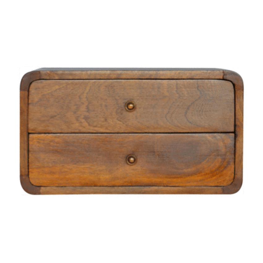 Floating Curved Bedside Table | Solid Mango Wood | Chestnut Finish | 2 Drawers