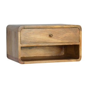 Floating Curved Bedside Table | Solid Mango Wood | Warm Oak Finish
