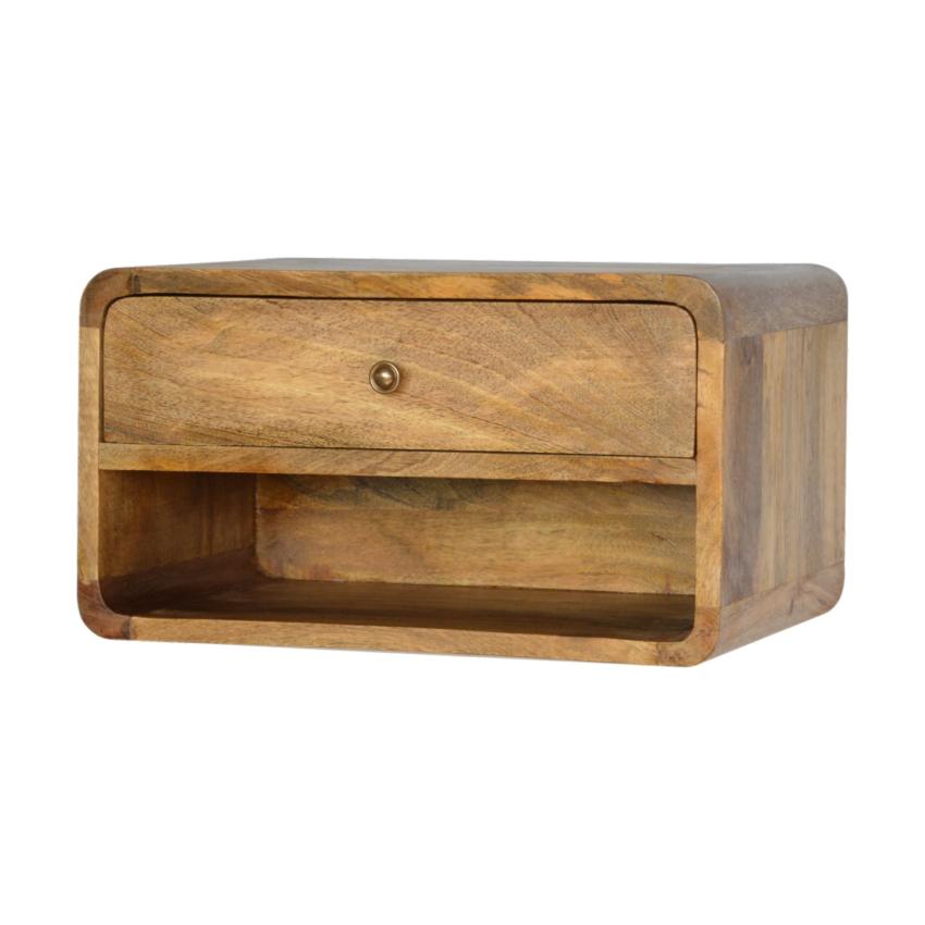 Floating Curved Bedside Table | Solid Mango Wood | Warm Oak Finish
