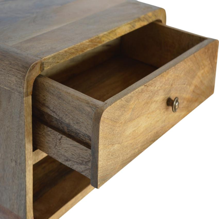 Floating Curved Bedside Table | Solid Mango Wood | Warm Oak Finish