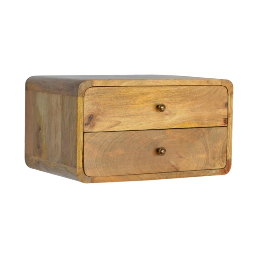 Curved Mango Wood Floating Bedside Table | Oak Finish | 2 Drawers
