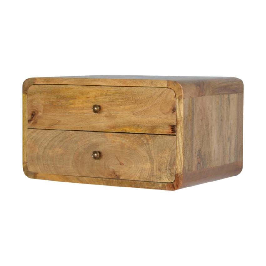 Curved Mango Wood Floating Bedside Table | Oak Finish | 2 Drawers