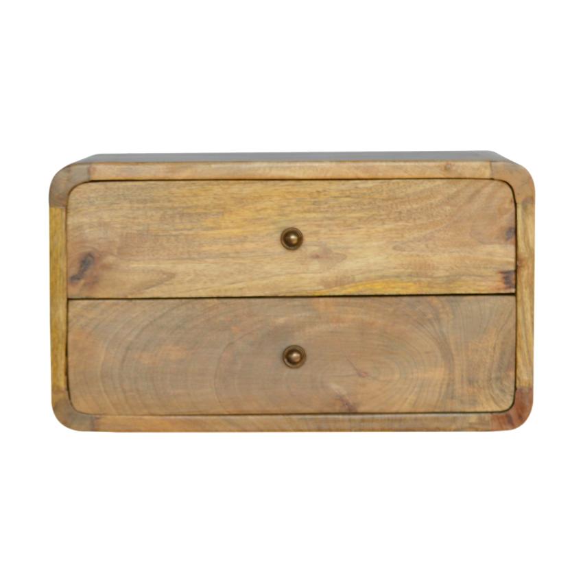 Curved Mango Wood Floating Bedside Table | Oak Finish | 2 Drawers