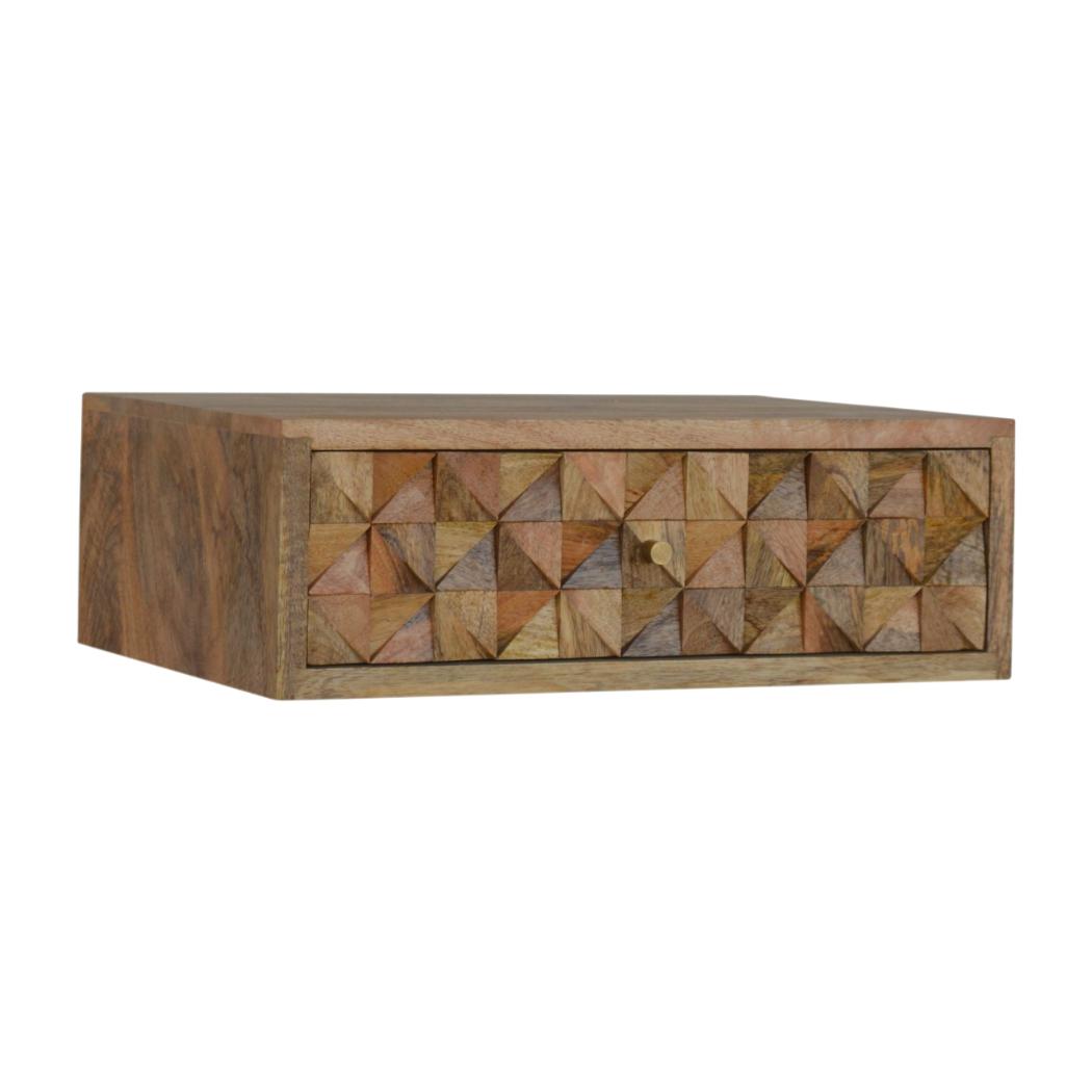 Floating Diamond-Carved Bedside Table | Solid Mango Wood | Wall-Mounted Storage