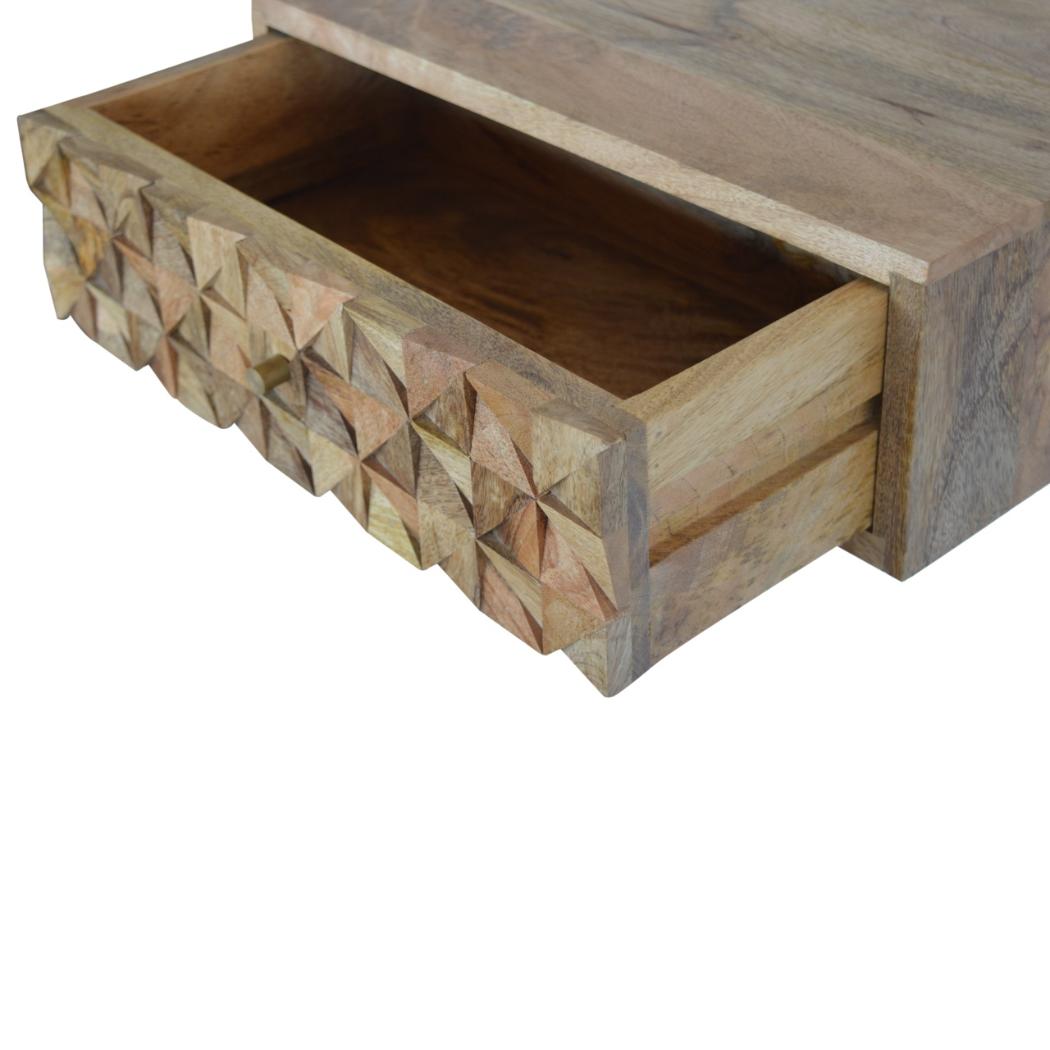 Floating Diamond-Carved Bedside Table | Solid Mango Wood | Wall-Mounted Storage