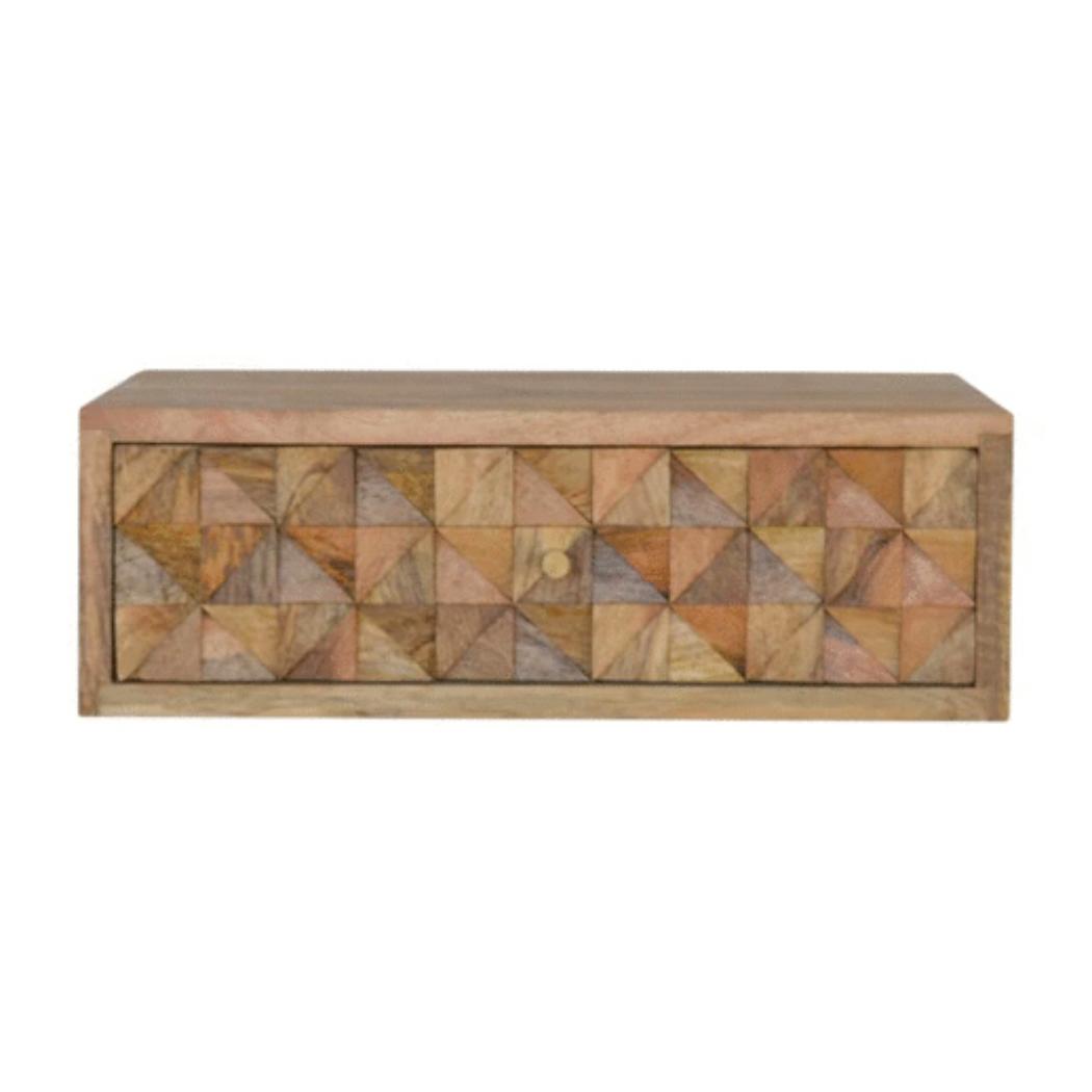 Floating Diamond-Carved Bedside Table | Solid Mango Wood | Wall-Mounted Storage