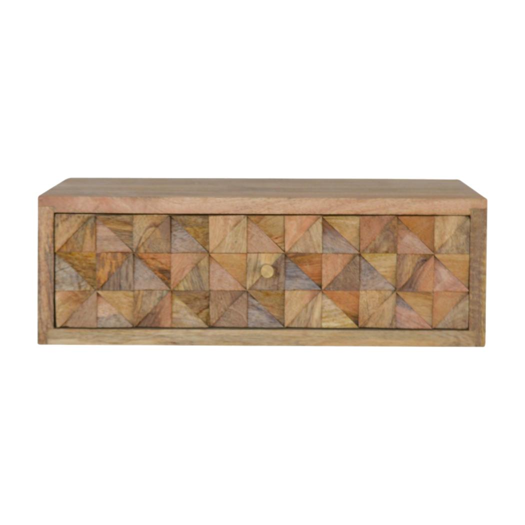 Floating Diamond-Carved Bedside Table | Solid Mango Wood | Wall-Mounted Storage