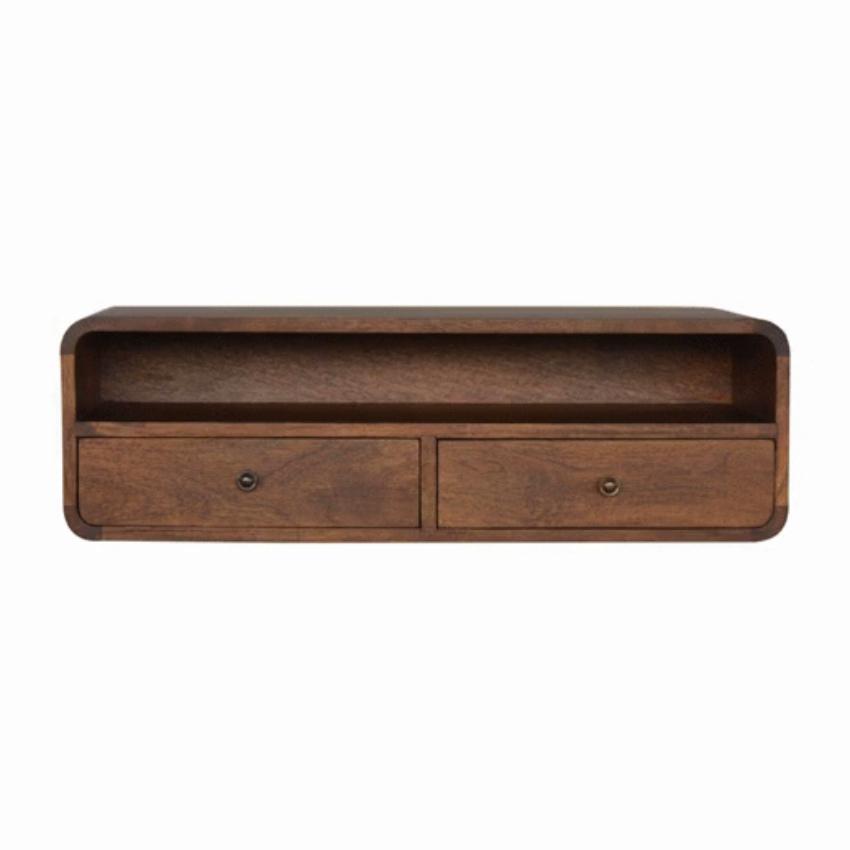 Floating Mango Wood Console Unit | Chestnut Finish | 2 Drawers & Open Shelf