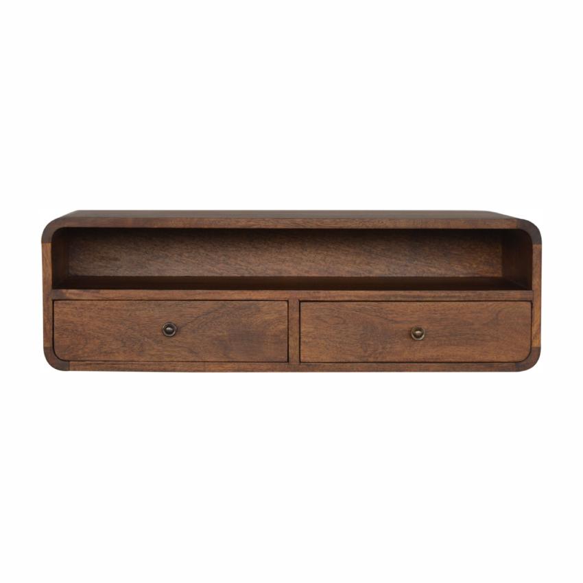 Floating Mango Wood Console Unit | Chestnut Finish | 2 Drawers & Open Shelf
