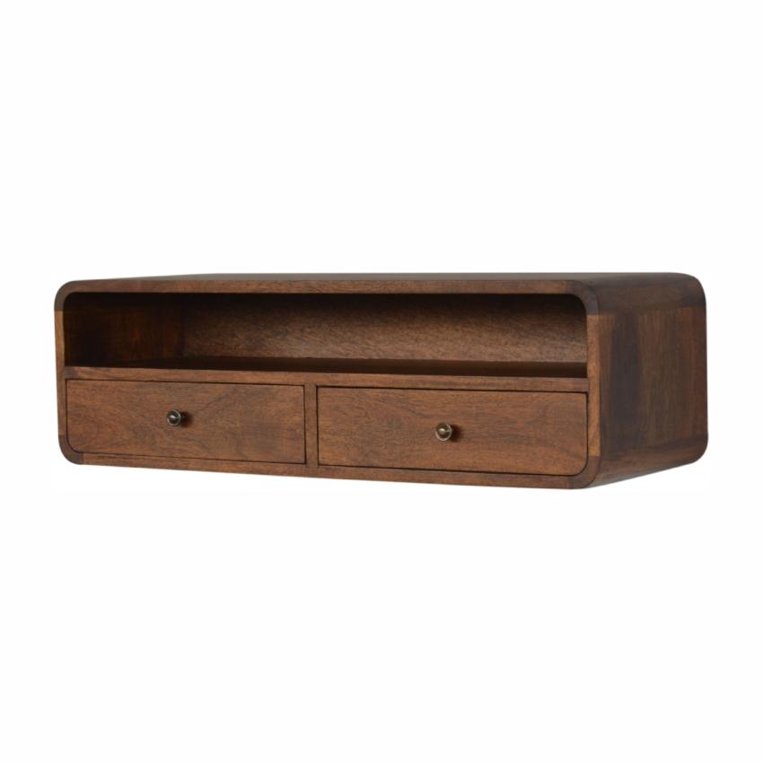 Floating Mango Wood Console Unit | Chestnut Finish | 2 Drawers & Open Shelf
