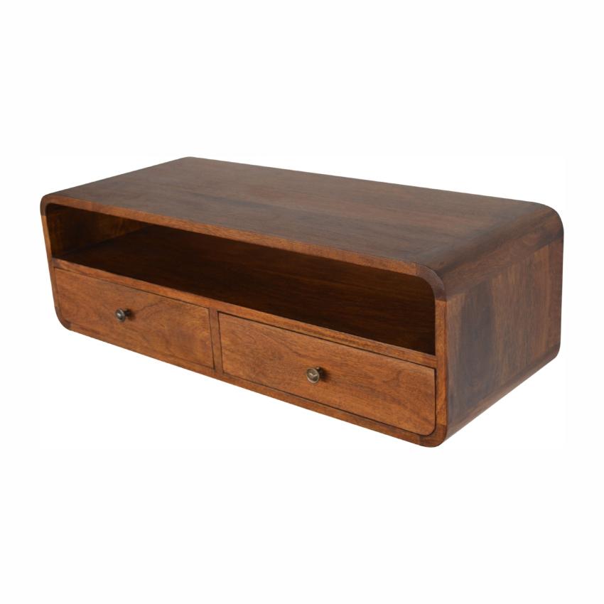 Floating Mango Wood Console Unit | Chestnut Finish | 2 Drawers & Open Shelf