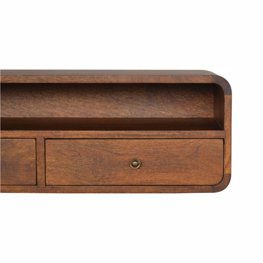 Floating Mango Wood Console Unit | Chestnut Finish | 2 Drawers & Open Shelf