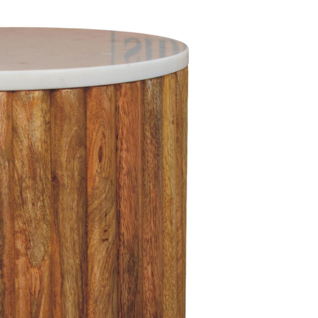 Fluted Marble Side Table | Solid Mango Wood | Stone Top