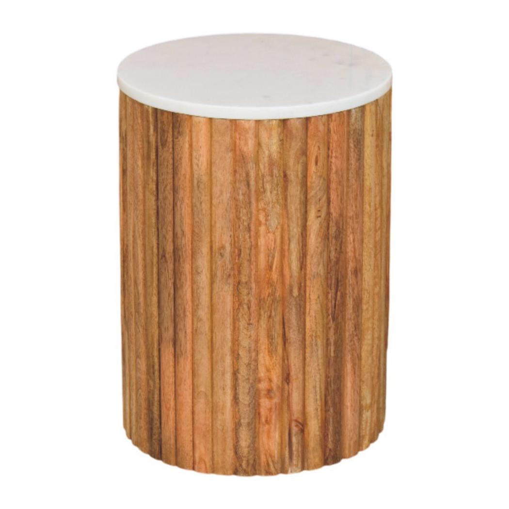 Fluted Marble Side Table | Solid Mango Wood | Stone Top