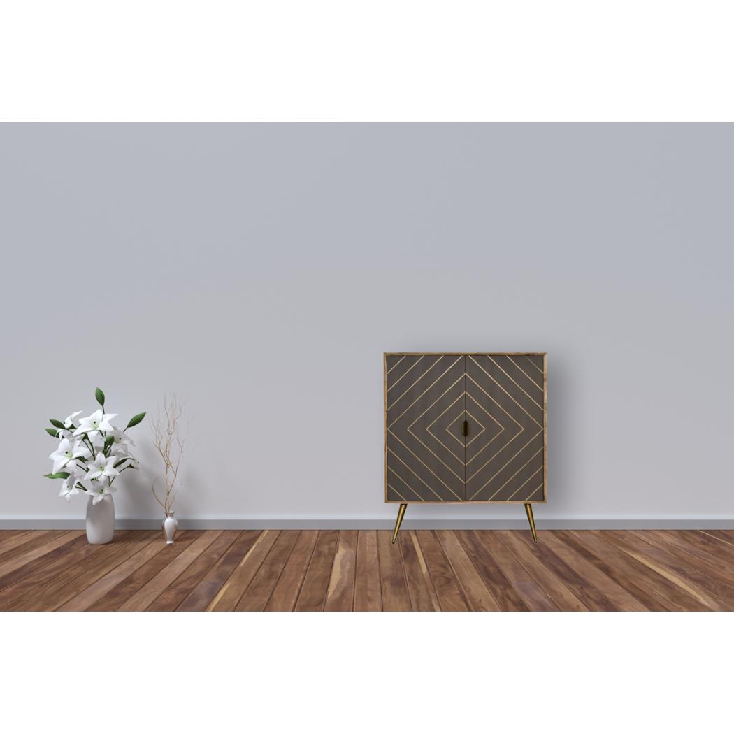 Foundry Brass Inlay Cabinet | Solid Mango Wood | Cement Grey Doors | Oak Finish