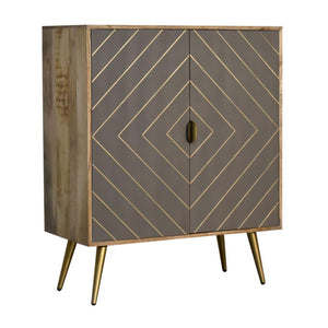 Foundry Brass Inlay Cabinet | Solid Mango Wood | Cement Grey Doors | Oak Finish