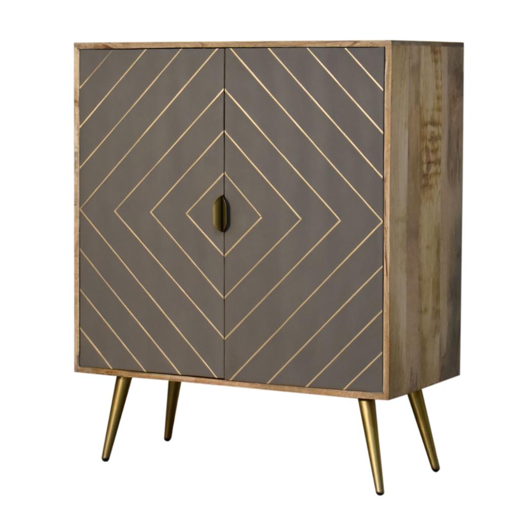 Foundry Brass Inlay Cabinet | Solid Mango Wood | Cement Grey Doors | Oak Finish