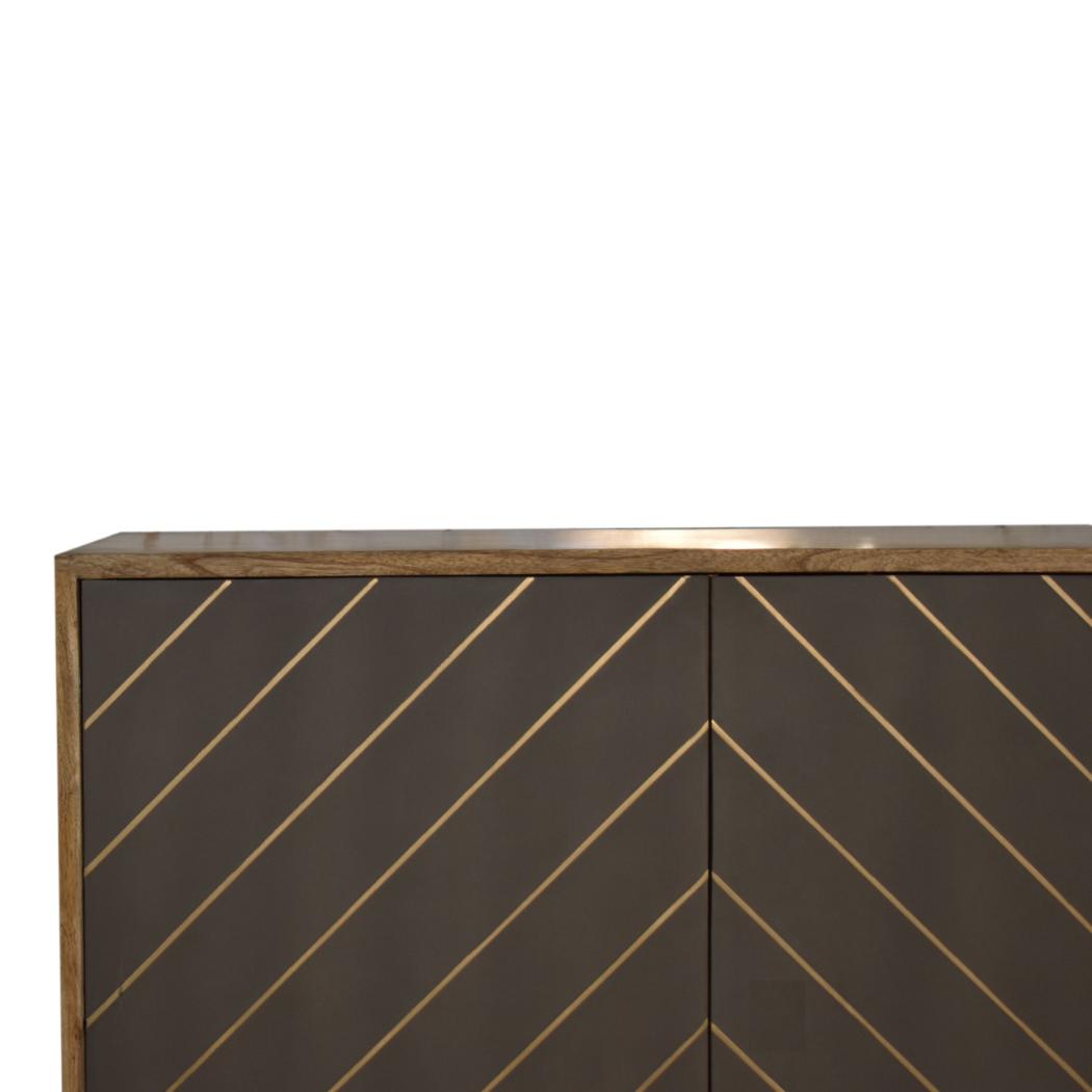 Foundry Brass Inlay Cabinet | Solid Mango Wood | Cement Grey Doors | Oak Finish