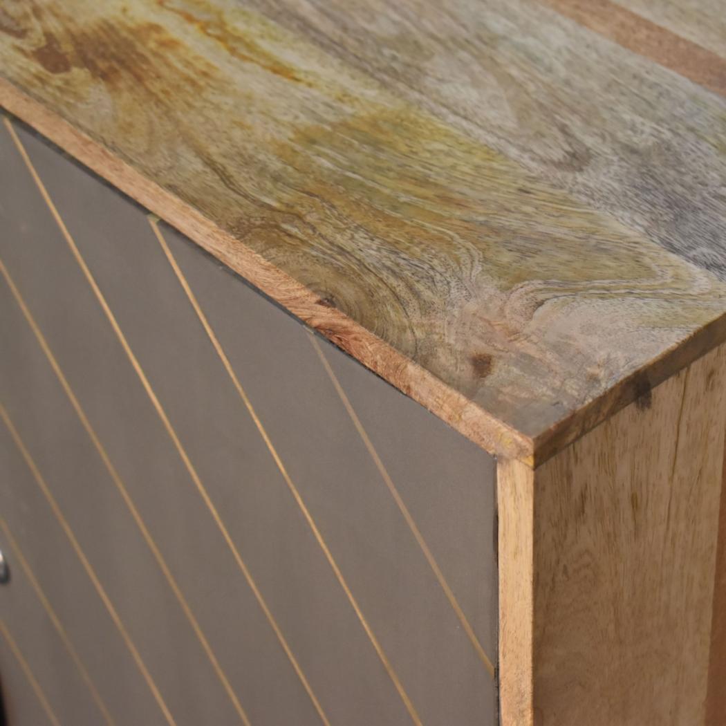 Foundry Brass Inlay Cabinet | Solid Mango Wood | Cement Grey Doors | Oak Finish