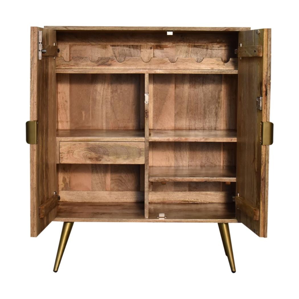 Foundry Brass Inlay Cabinet | Solid Mango Wood | Cement Grey Doors | Oak Finish
