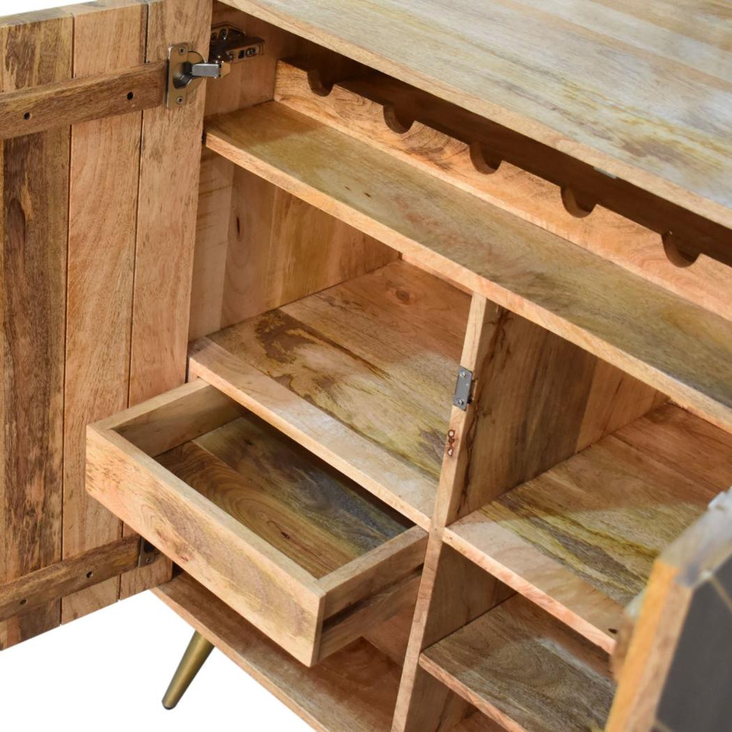 Foundry Brass Inlay Cabinet | Solid Mango Wood | Cement Grey Doors | Oak Finish