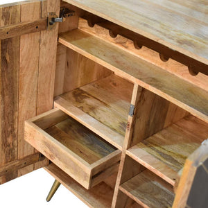 Foundry Brass Inlay Cabinet | Solid Mango Wood | Cement Grey Doors | Oak Finish
