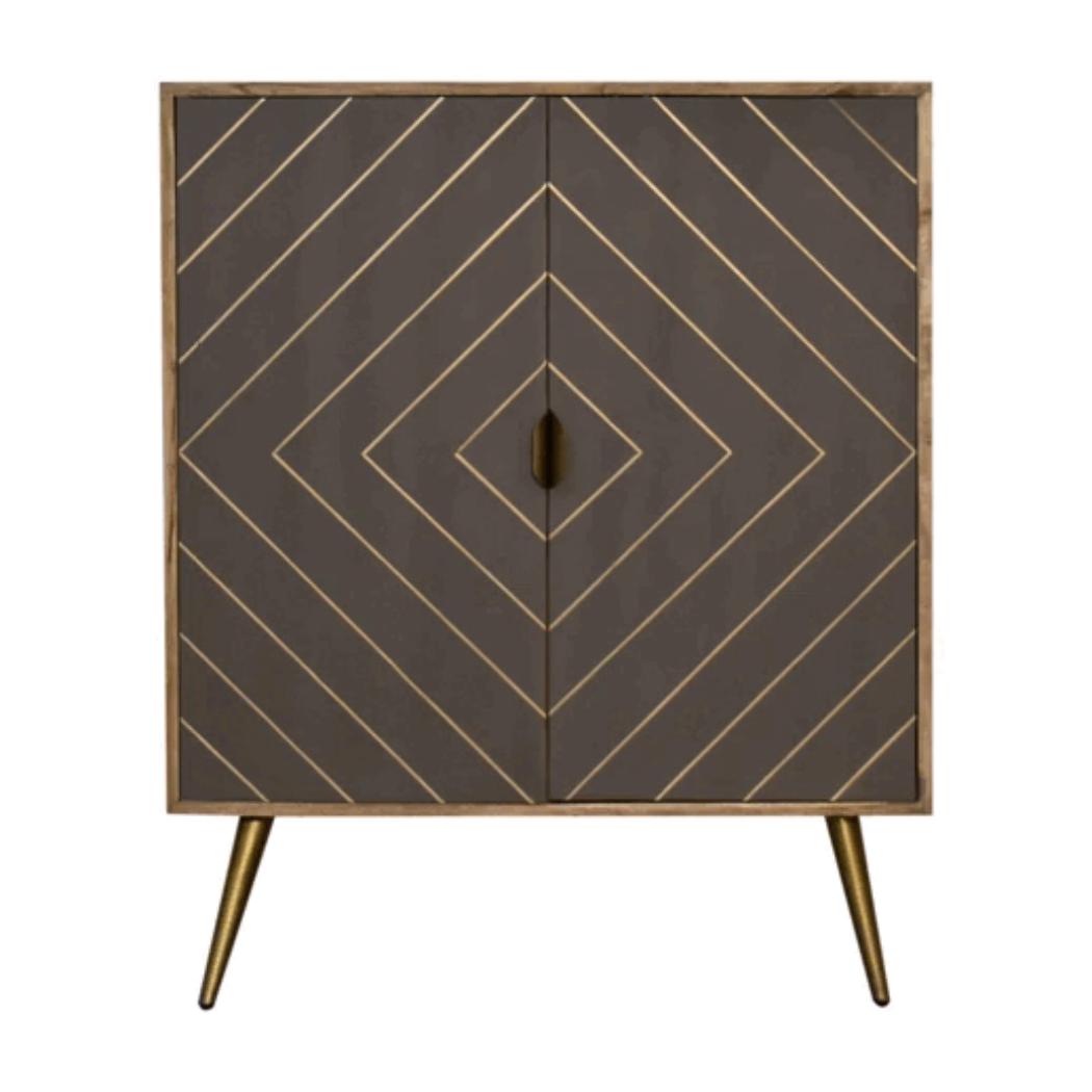 Foundry Brass Inlay Cabinet | Solid Mango Wood | Cement Grey Doors | Oak Finish
