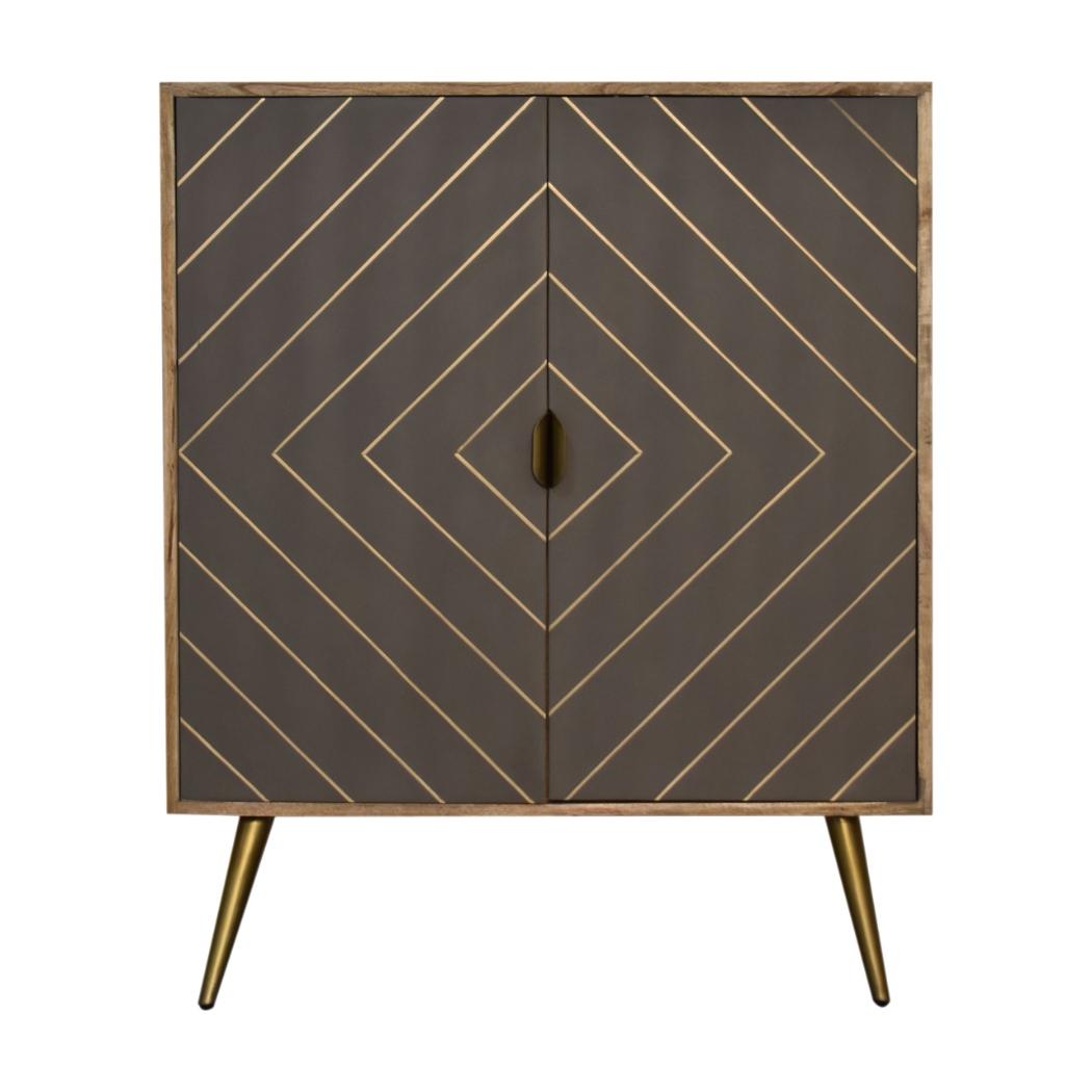 Foundry Brass Inlay Cabinet | Solid Mango Wood | Cement Grey Doors | Oak Finish