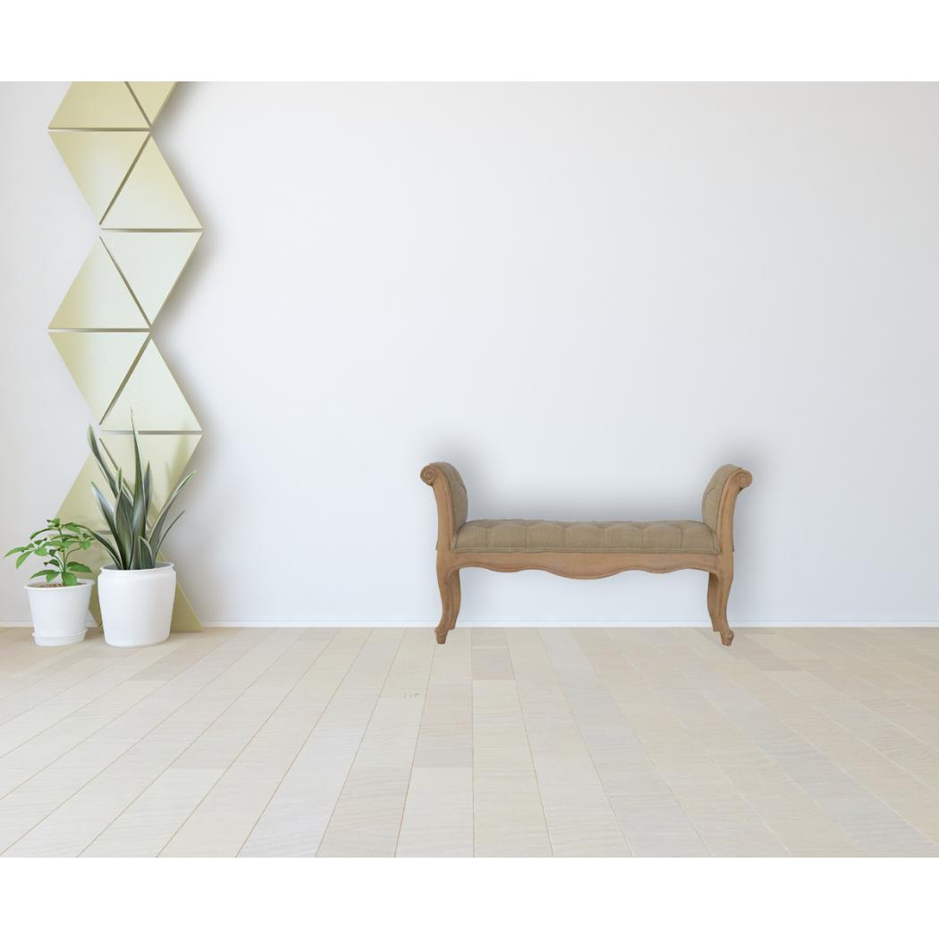 French Carved Bench | Mud Linen Upholstery | Solid Mango Wood Frame | Classic Seating