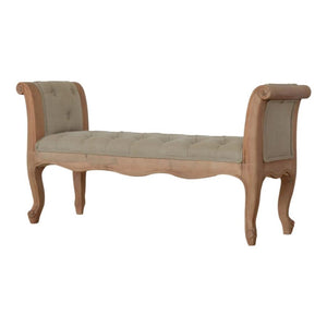 French Carved Bench | Mud Linen Upholstery | Solid Mango Wood Frame | Classic Seating