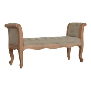 French Carved Bench | Mud Linen Upholstery | Solid Mango Wood Frame | Classic Seating